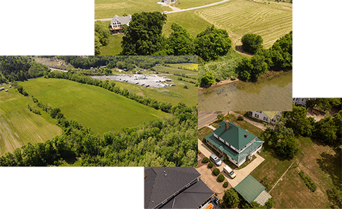 Three aerial photos of real estate listings